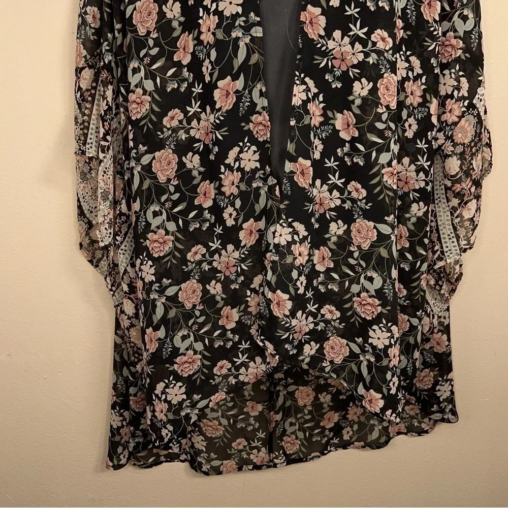 CL WALLFLOWER BLACK PINK KIMONO BLOUSE TOP OPEN FRONT FLOWY